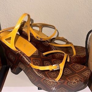 Prada Brown and Yellow Platform Wedges